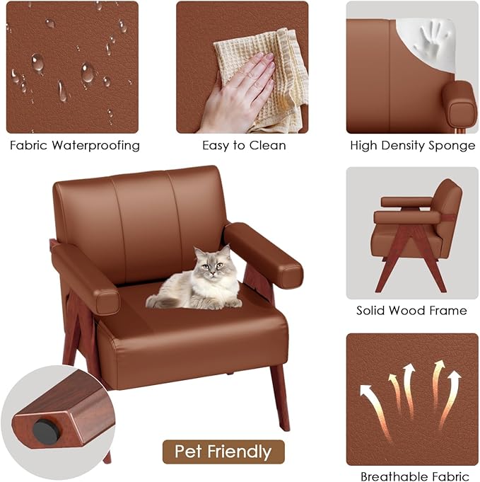 STHOUYN Brown Leather Accent Chairs Set of 2, Mid Century Modern Chair Set of 2, Side Arm Chairs for Living Room, Office Guest Waiting Room Lobby Chairs (2, Brown)