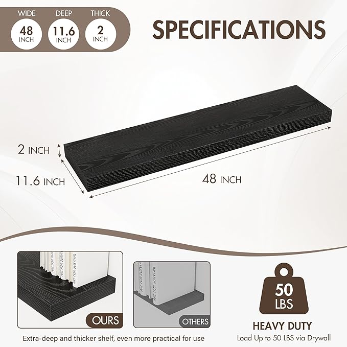 48 Inch Floating Shelves, 12" Deep Floating Shelf Wall Mounted, 48" Wall Shelves, Rustic Deep Bookshelf, Extra Deeper & Thicker Display Shelves for Bedroom, Living Room, Black, Set of 2