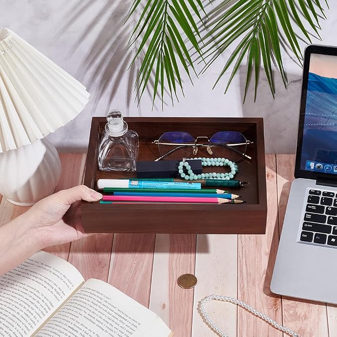 UNICRAFTALE Wood Desk Organizer Tray Rectangle Letter Tray for Office Desktop Organizer Brown Vintage Wood Paper Trays Magazine Holder Trays for File Pens Mail Keys 9.44"x6.69"x1.9"