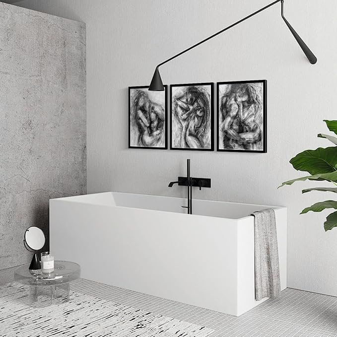 3Pcs Framed Black and White Canvas Wall Art Abstract Nude Prints Couple Modern Gallery Style Painting Pen sketch Posters Decorations Bedroom Living Room Bathroom 16x24 Inch Ready to Hang