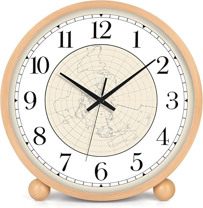 Maxspace Wooden Table Clock,8in Silent Non-Ticking Desk Clock,Battery Operated Desktop Analog Clock for Living Room Bedroom Kitchen Office Classroom Decor (Log - Map)