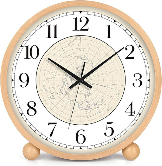 Maxspace Wooden Table Clock,8in Silent Non-Ticking Desk Clock,Battery Operated Desktop Analog Clock for Living Room Bedroom Kitchen Office Classroom Decor (Log - Map)