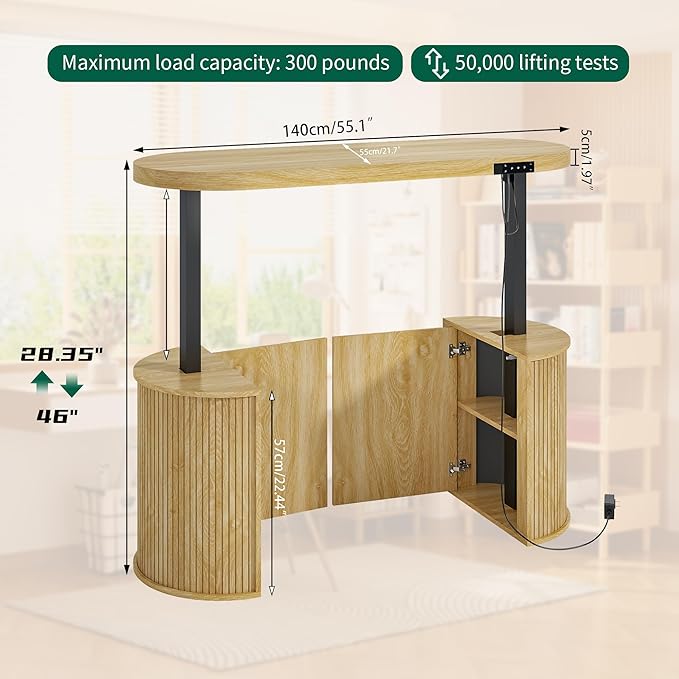 Mid Century Modern Electric Standing Desk with Storage, 55 x 22 Inch Small Sit Stand Up Desk, Wood Adjustable Height Computer Executive Desk for Home Office, Laptop, Oak