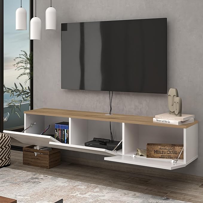 Atelier Mobili Floating TV Stand - Wall Mounted, Supports up to 80 inch TV, Modern White Entertainment Center for Living Room, White Floating TV Stand with Oak Counter Design