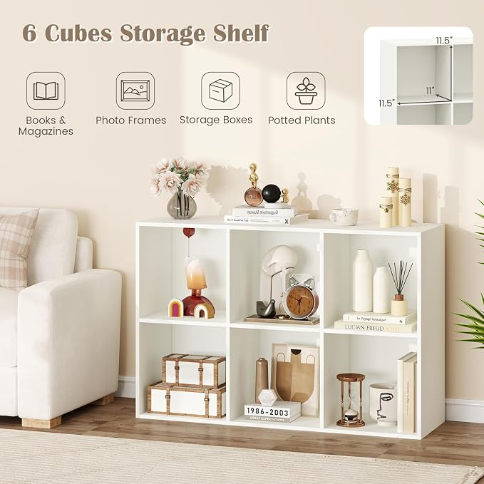 Tangkula 6-Cube Bookcase, Large Floor Standing Horizontal Bookshelf with 6 Open Shelves & 2 Anti-Tipping Kits, Home Office Wooden Storage Book Shelf for Living Room, Study (White, 6-Cube)