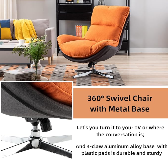 LukeAlon Modern Linen Swivel Lounge Chair, Upholstered High Back Accent Chair with Metal Base Comfy Recliner Chair Leisure Single Sofa Chair for Living Room Office, Orange