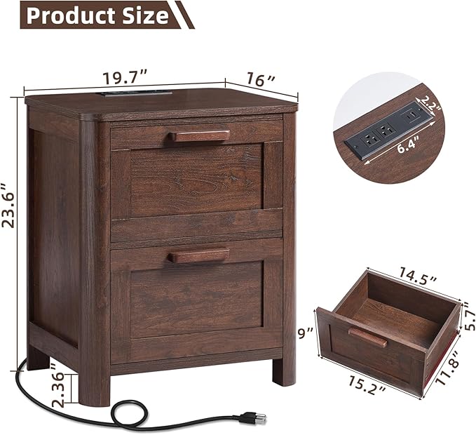 Farmhouse Nightstand with Charging Station, End Tables Bedroom with 2 Large Drawers & 4 Thickened Table Legs, Walnut