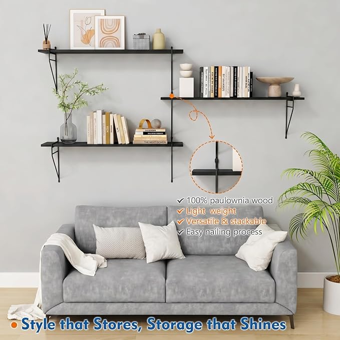 Harwaya Black Wall Mounted Bookshelf 36 Inch Long, Large Floating Book Shelves for Wall, Deep Hanging Bookshelves with High Bookend for Bedroon Living Room Office Kitchen Storage (Black)