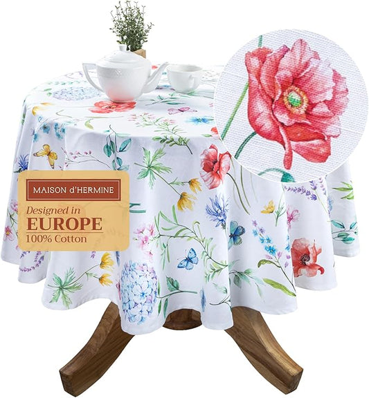 Maison d' Hermine Table Cloth Round Table 100% Cotton 69 Round Inches Tablecloth Reusable Decorative for Dining Room Farmhouse Home Valentines Day Decorations Spring Summer - Just Floral