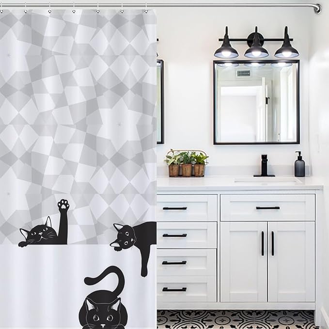 Cats Shower Curtains Gray White Mosaic Black Background Funny Cat Pattern Duty Fabric Shower Curtain Set Bathroom Polyester Waterproof with 12 Hooks, 66x72Inch（168x183cm）
