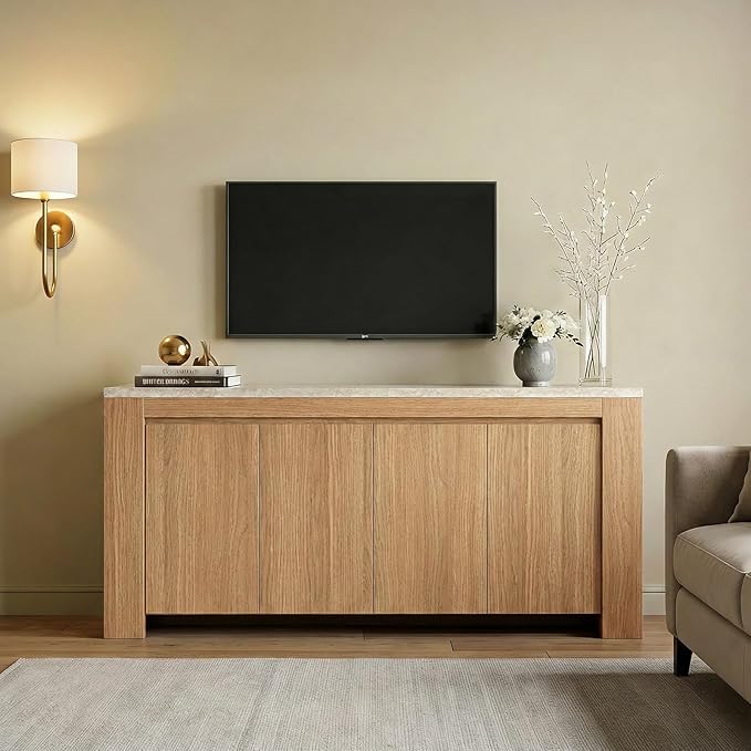 Buffet Cabinet with Storage, 63" Sideboard Buffet Accent Cabinet with Faux Marble Top & 4 Doors, Modern Buffet Table Credenza Cabinets for Living Room, Dining Room, Kitchen（Natural Oak）
