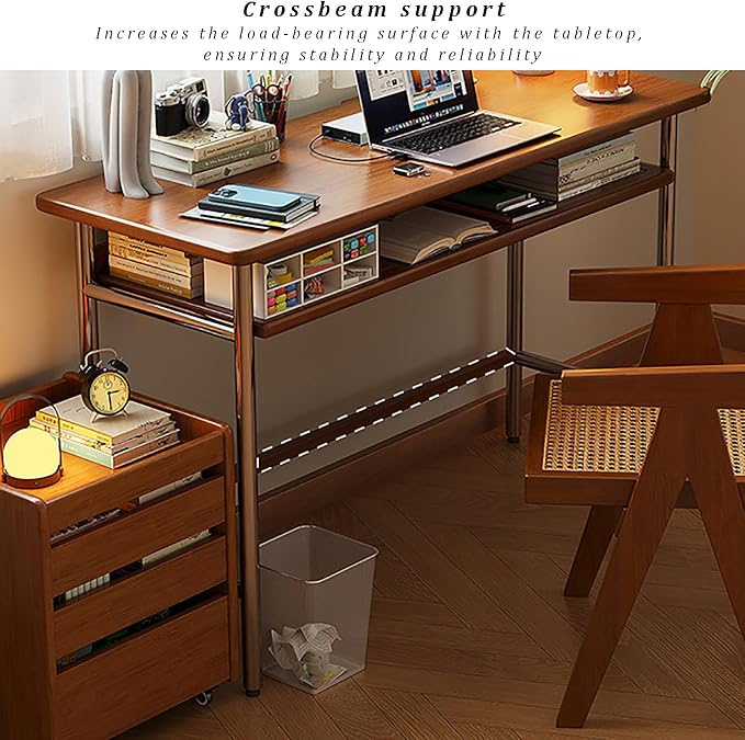 Mid-Century Modern Solid Wood Writing Desk with Storage Shelf & Stainless Steel Legs Compact Computer Desk for Home Office & Small Spaces 70x45x75cm (27x18x29) Black