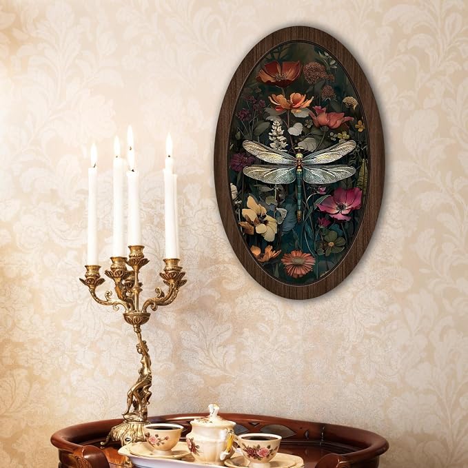 UYIKG Vintage Dragonfly Wall Art Decor,Dragonfly Floral William Morris Oval Wall Decor, Rustic Farmhouse Cottagecore Wooden Framed Wall Decorations for Theme Room Home Bedroom Living Room 9x14.6 in