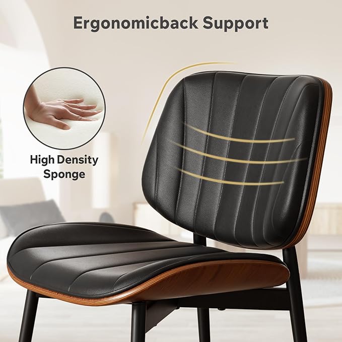 Dining Chair, Mid Century Modern Dining Room Chairs, Upholstered Faux Leather Kitchen Chairs with Walnut Bentwood Back and Metal Legs for Kitchen Dining Room Living Room, Black