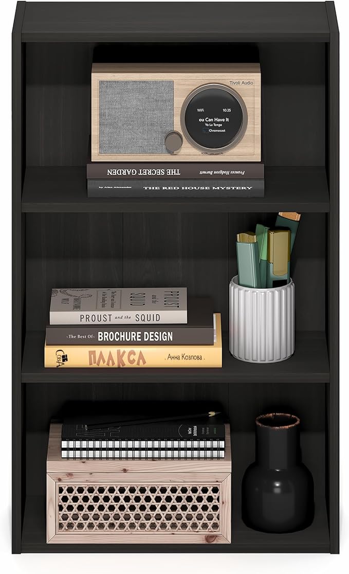 Furinno Basic Book Shelf, 3-Tier Bookshelf, Cube Storage Organizer Bookcase with Open Shelf, 7 x 17 x 26, for Living Room, Bedroom, Home Office, Espresso