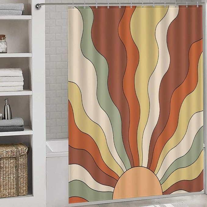 70s Orange Shower Curtain for Bathroom, Boho Sun Funky Hippie Wave Mid Century Abstract Sunrise Sunset Modern Geometric Colorful Retro Waterproof Fabric Shower Curtain Set with Hooks, 72"x72" Inch