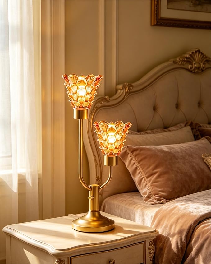 Lightdot Vintage Gold Table Lamp for Bedroom Dimmable Mid Century Modern Desk Lamp Amber Glass Nightstand Lamp 2 Bulbs Included Warmwhite Ambient Bedside Lamps for Living Room Home Office Decor Gift