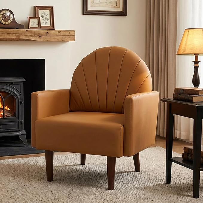 PU Accent Chairs for Living Room with High-Density Foam Cushion, Mid-Century Single Sofa Armchair with Solid Wood Legs Upholstered Reading Chair for Bedroom Home Office (Shell Orange)