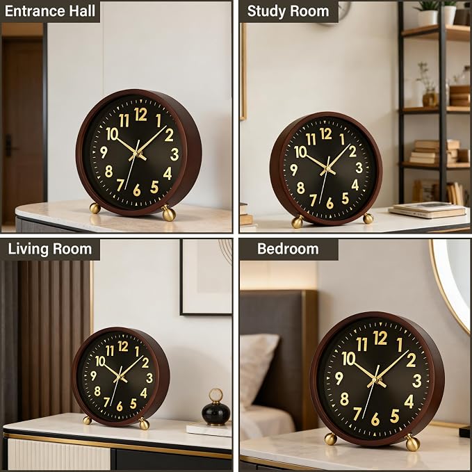 Maxspace Wooden Table Clock,8in Silent Non-Ticking Desk Clockwith Gold Ball Base, Battery Operated Desktop Analog Clock for Living Room Office Bedroom Decor (Black Gold - Walnut, Copper Ball Base)