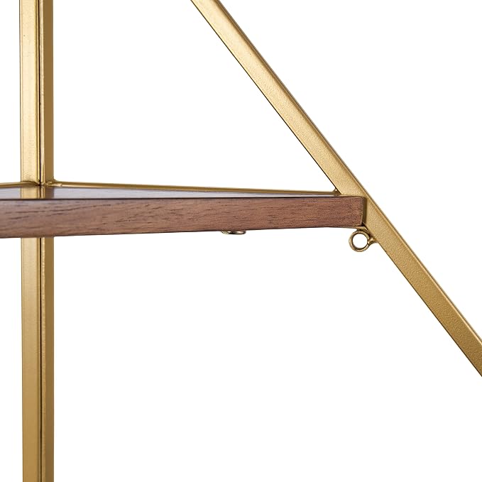 Kate and Laurel Melora Mid-Century Modern Corner Shelf; 24 x 38 x 17; Walnut and Gold; Glamorous Floating Corner Shelving with Four Shelves and Unique Geometric Shape