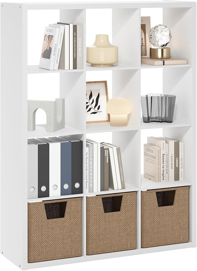 Furinno Cubicle Book Shelf, 12-Cube Bookshelf, Extra Thick Frame Reversible Bookcase with Open Back, 14.6" x 44" x 58", for Living Room, Bedroom, Home Office, White