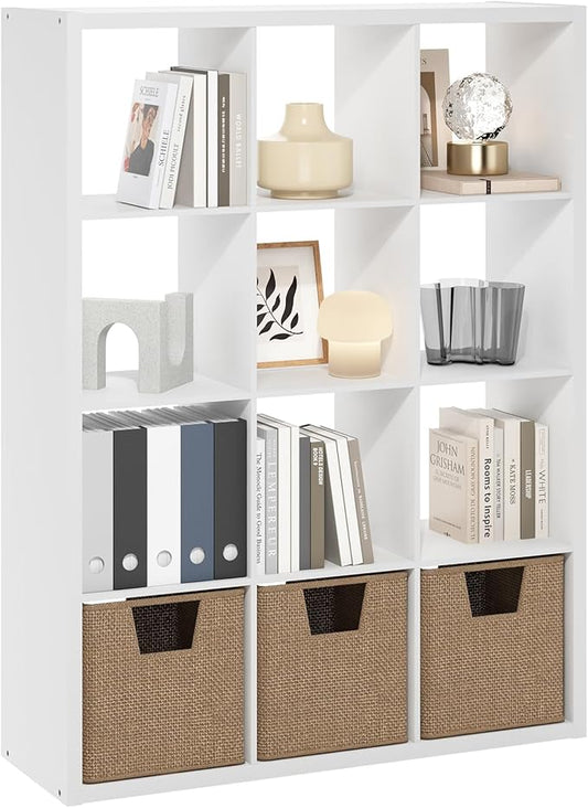 Furinno Cubicle Book Shelf, 12-Cube Bookshelf, Extra Thick Frame Reversible Bookcase with Open Back, 14.6" x 44" x 58", for Living Room, Bedroom, Home Office, White