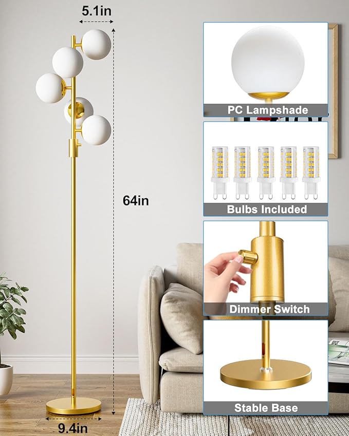 Lightdot Dimmable Globe Floor Lamp, Gold Standing Lamps with 5PCS 3000K Bulbs Included, Mid Century Modern Floor Lamp with 5Lbs Heavy Base for Living Room/Bedroom/Sofa Beside/Corner Decor