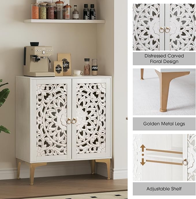 31.5" Accent Cabinet with Mandala Carved Doors, White Boho Sideboard for Storage, Coffee Bar Cabinet & Entryway Table with Gold Legs, Decorative Buffet Cabinet for Dining Room, Living Room