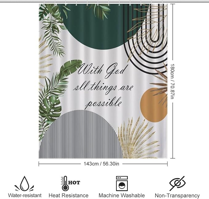 Boho Bible Verse Shower Curtain Abstract Christian Quotes Mid Century Gold Leaves Minimalist Arch Scriptures Washable Waterproof Fabric for Bathroom Decor Bathtub with 12 Hooks 55x72in（140x183cm）