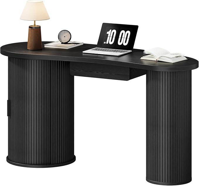 ONBRILL 59 Inches Fluted Office Desk with Storage, Bean-Shaped Computer Desk with Drawer, Mid-Century Modern Curved Corner Desk with Sliding Door for Work and Study,Black
