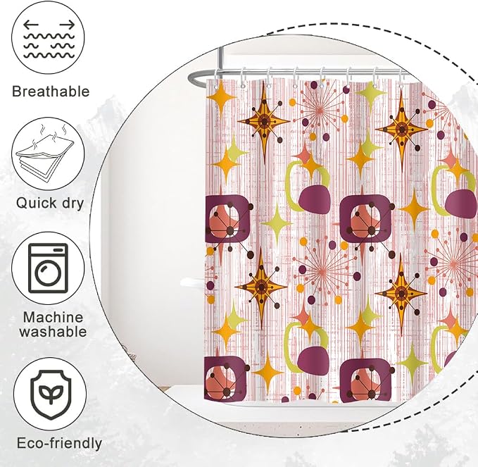 Mid Century Shower Curtain, 36x72inch, Modern Abstract Retro Red Striped Geometric Shower Curtain Sets 1950s Boho Bathroom Shower Curtain with 6 Hooks