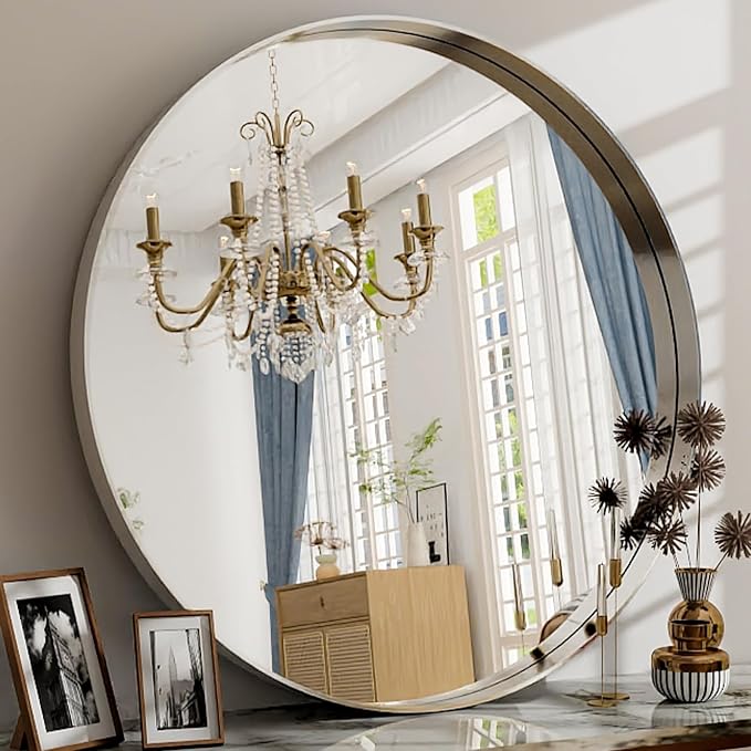 32 Inch Round Bathroom Mirror - Wall Mounted Circle Mirror with Metal Frame, Modern Style Suitable for Bathroom, Vanity, Entryway, Living Room, Wall Decor,Silver
