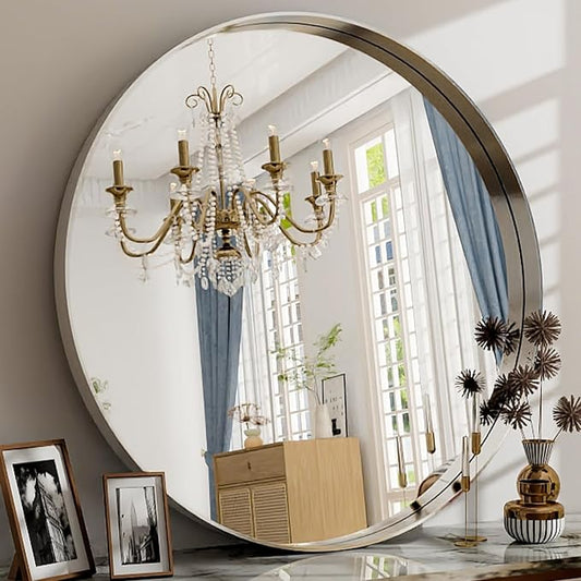 32 Inch Round Bathroom Mirror - Wall Mounted Circle Mirror with Metal Frame, Modern Style Suitable for Bathroom, Vanity, Entryway, Living Room, Wall Decor,Silver