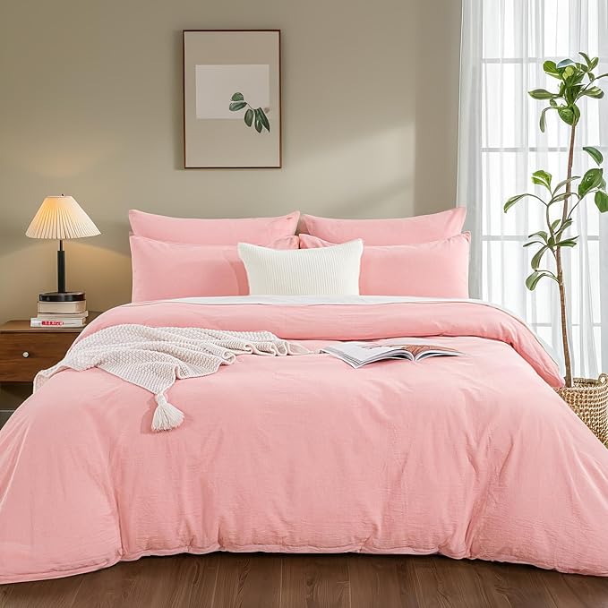 NEXHOME PRO Duvet Cover Twin 100% Washed Cotton, Organic Natural Linen Like Textured, Breathable, Durable, Home Bedding Set, Heathered Pink 6890