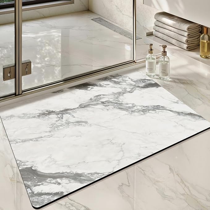 Color&Geometry Ultra Thin Bath Mat, Non Slip Quick Dry Rugs,Absorbent Marble Bathmat,24"x36",Washable Rubber Mats for Shower Floor,in Front of Bathtub,Bathroom Decor,Gray-Veined White Marble-Patterned