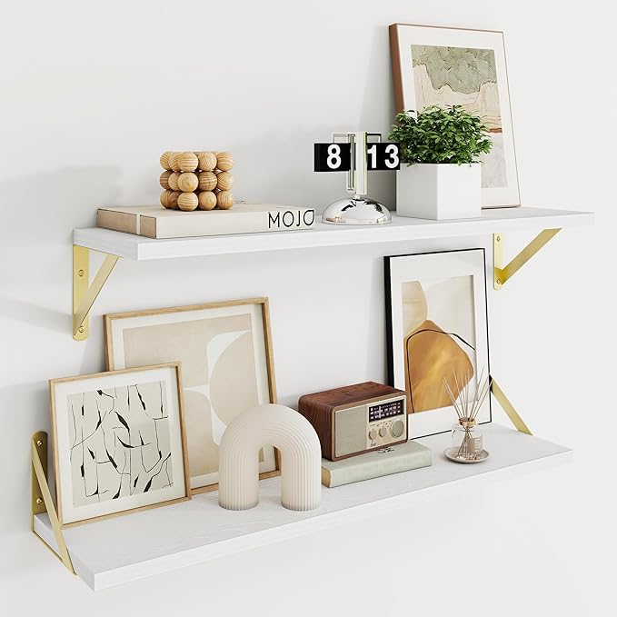 Dreamland Deep Floating Shelves for Wall, 30W x 8D Wall Shelves, Set of 2, 30 inch Floating Shelf with Sturdy Metal Brackets for Living Room, Bathroom, Bedroom and Kitchen, White with Gold Brackets