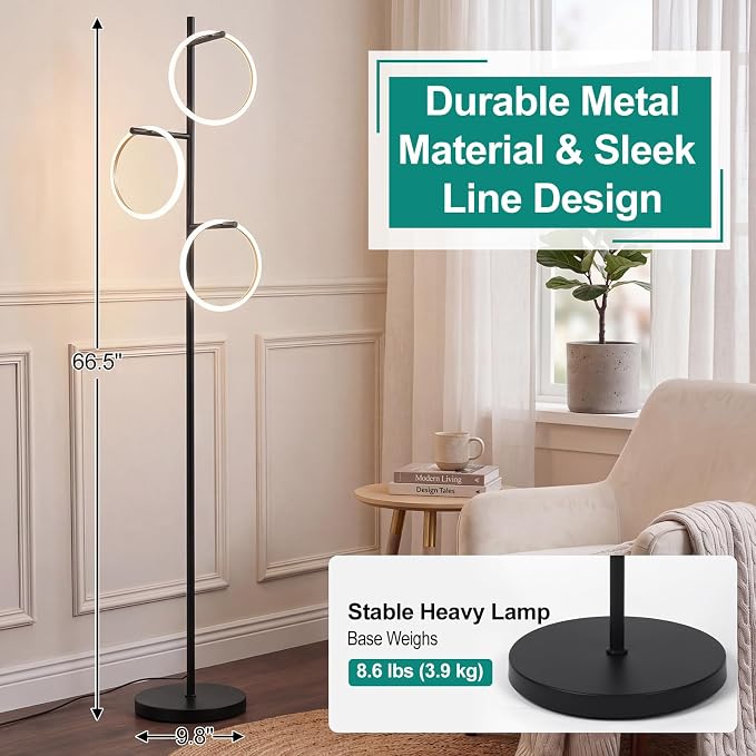 Bairth Black Floor Lamp with 3 Lights, Modern LED Tree Floor Lamp for Living Room, 17W Stepless Dimmable Tall Standing Lamp with 3 Detachable Circular Lights for Reading, Bedroom, Office, Matte Black