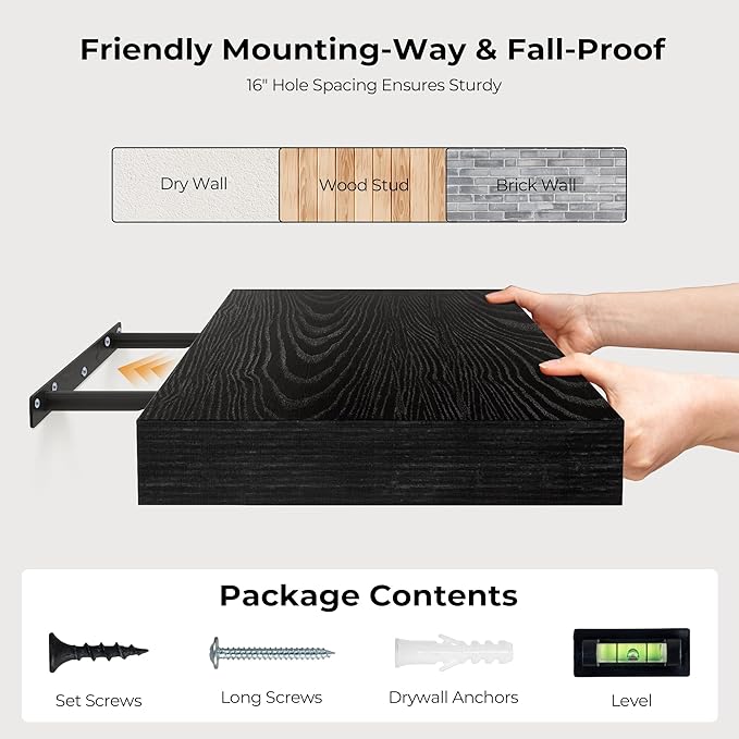 Fun Memories 55 Inch Floating Shelves for Wall, Fireplace Mantel Shelf with Invisible Heavy Duty Bracket, 8 Inch Deep Storage Shelf for Living Room, Kitchen, Farmhouse, Black
