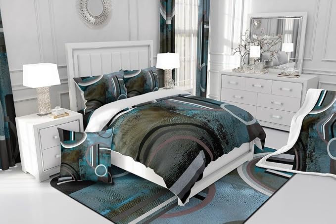 Erosebridal Blue and Brown Grey Duvet Cover King Size,Oil Painting Style Bedding Set for Teens Adult,Modern Geometric Circles Duvet Cover Set,Abstract Aesthetic Bed Cover Bedroom Decor 3Pcs