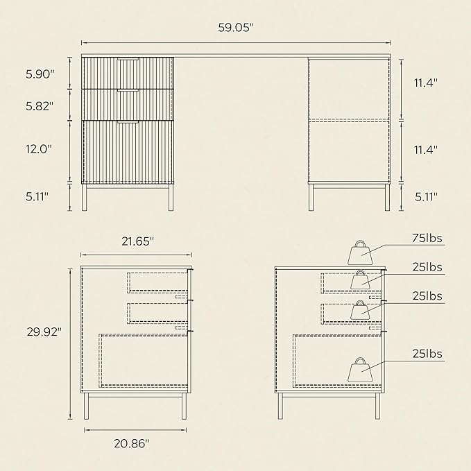 60" L Shaped Fluted Desk, Computer Desk with Movable Storage Cabinet Home Office Desk with 3 Drawers Metal Legs Corner Desk for Gaming Study, Natural Oak