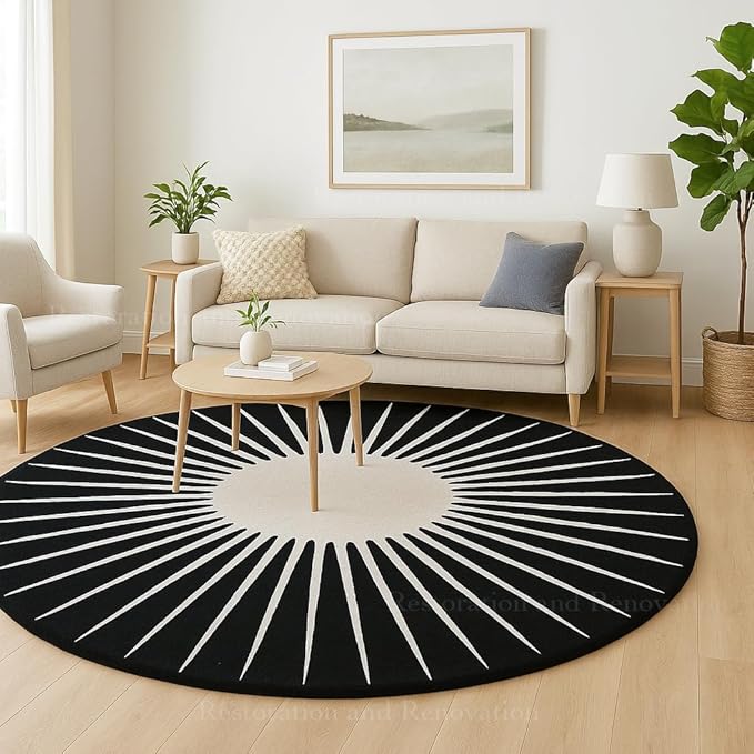 Modern Round Area Rug – Hand-Tufted with 100% NZ Wool, Thick & Soft Circular Carpet for Living Room, Bedroom & Dining Room Decor (Black, 8' Round)