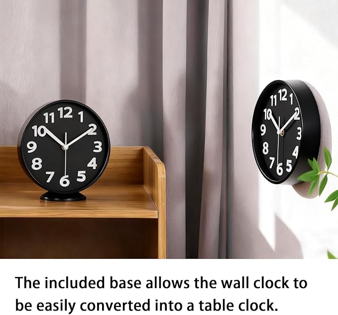 JENLYSTIME 8 Inch Black Modern Wall Clock – Silent Non-Ticking, Bold 3D Numbers, Precise Quartz Movement | Decorative Desk & Wall Clock with Stand for Home, Kitchen, Bedroom, or Office