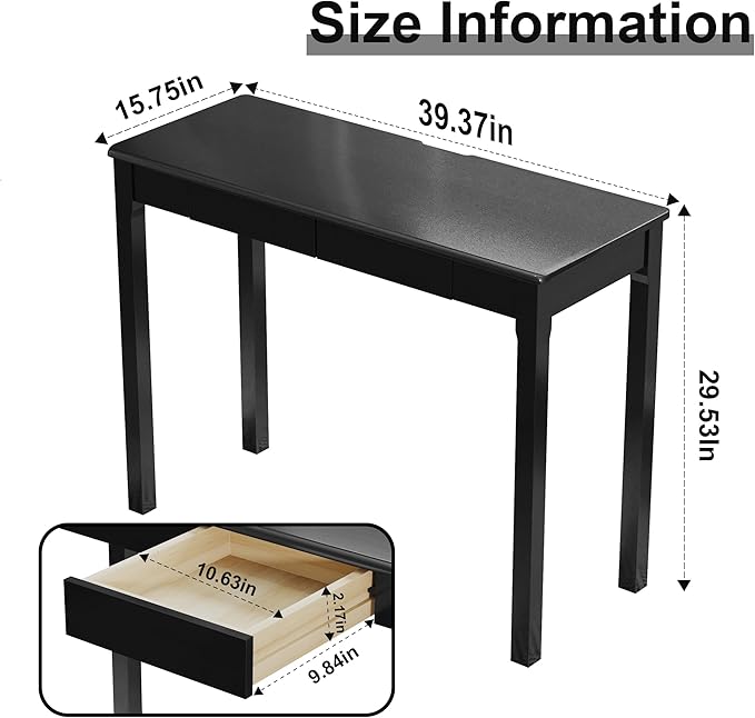 Solid Wooden Desk with Drawers - 39 x 16 Inch Modern Narrow Desks, Rubberwood Simple Study Table, Small Writing Desk for Bedroom|Small Spaces - Black Desks
