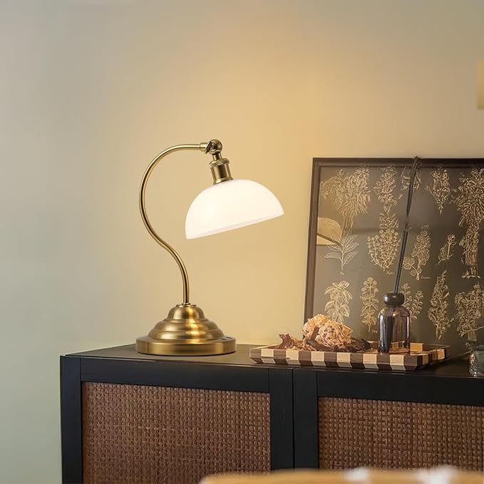KARTOOSH Cordless LED Table Lamp, Battery Operated Desk Lamps with Swing Arm & Plastic Shade, Vintage Small Rechargeable Dimmable Light for Bedroom, Living Room, Nightstand, Brass/White