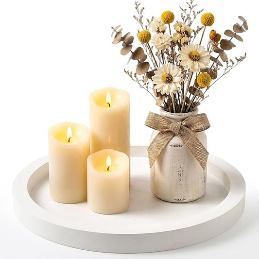 Candle Plate Holder Round Wooden Decorative Tray for Coffee Dinner Table Centerpiece Rustic Farmhouse Wood Trays Kitchen Counter White Living Room Home Decor for Bathroom Vanity Accessories Tray
