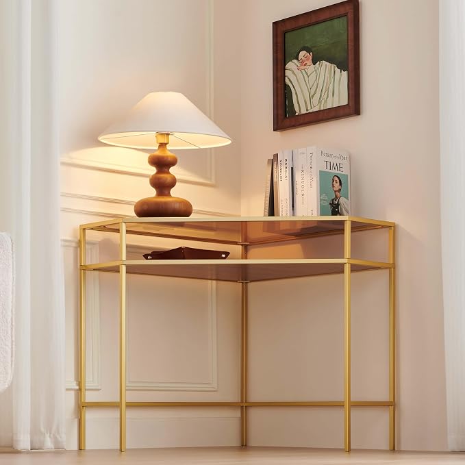 LumFurn Corner Table for Small Space, Triangle Computer Desk for Living Room, Bedroom, Workstation, Office, 2-Tier Structure, Amber Glass Top and Walnut Shelf with Gold Finish Frame