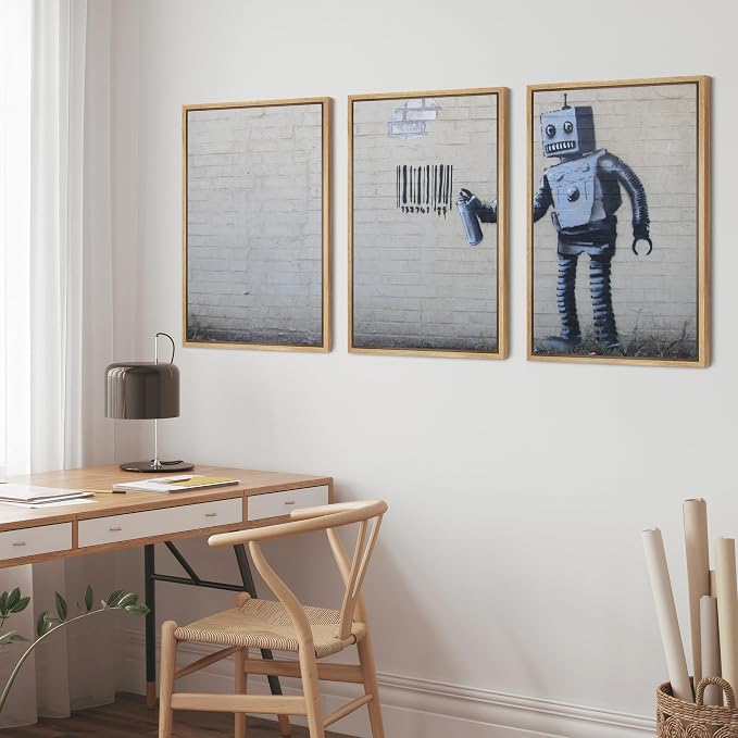 wall26 - Robot Graffiti Banksy Street - Framed Canvas Art Wall Art - 24"x36"x3 Natural