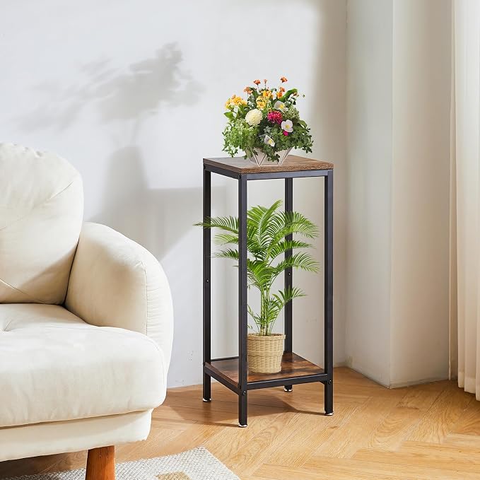 IBUYKE 30 Inch Tall Plant Stand Indoor, 2 Tier Wood Corner Plant Stand, Modern Square Plant Shelf Flower Stand for Living Room Patio Balcony Garden, Rustic Brown TMJ071H