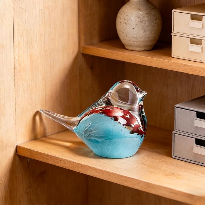 Blown Glass Birds - Glass Art Bird Decor, Hand Blown Glass Animal Figurines Paperweight for Home Shelf Decor