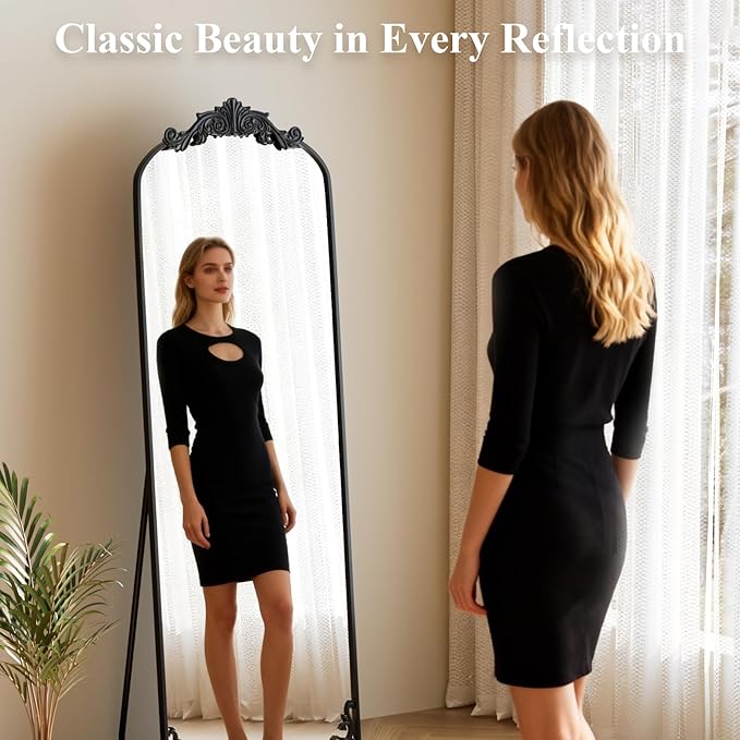 HARRITPURE Vintage Arched Full Length Mirror, 64"x21" Baroque Carved Full Body Mirrors, Large Floor Standing Mirror with Black Aluminum Frame for Bedroom, Living Room, Entryway